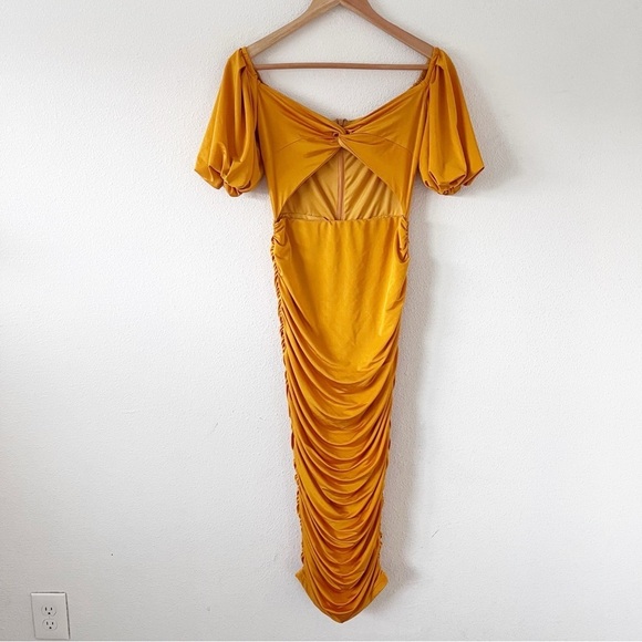 Elle Zeitoune Naira Ruched Off Shoulder Formal in Marigold Gold Midi Dress - Picture 2 of 10